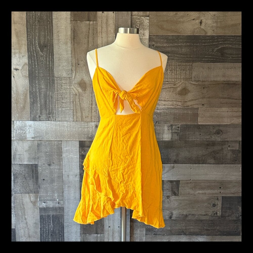 Yellow linen ruffle dress large sexy cutout festival boho summer resortwear